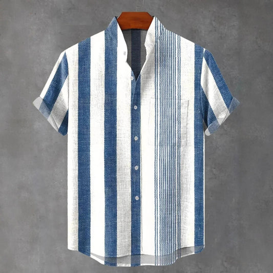 Men's Stand Collar Contrast Color Striped Casual Cool Versatile Short Sleeve