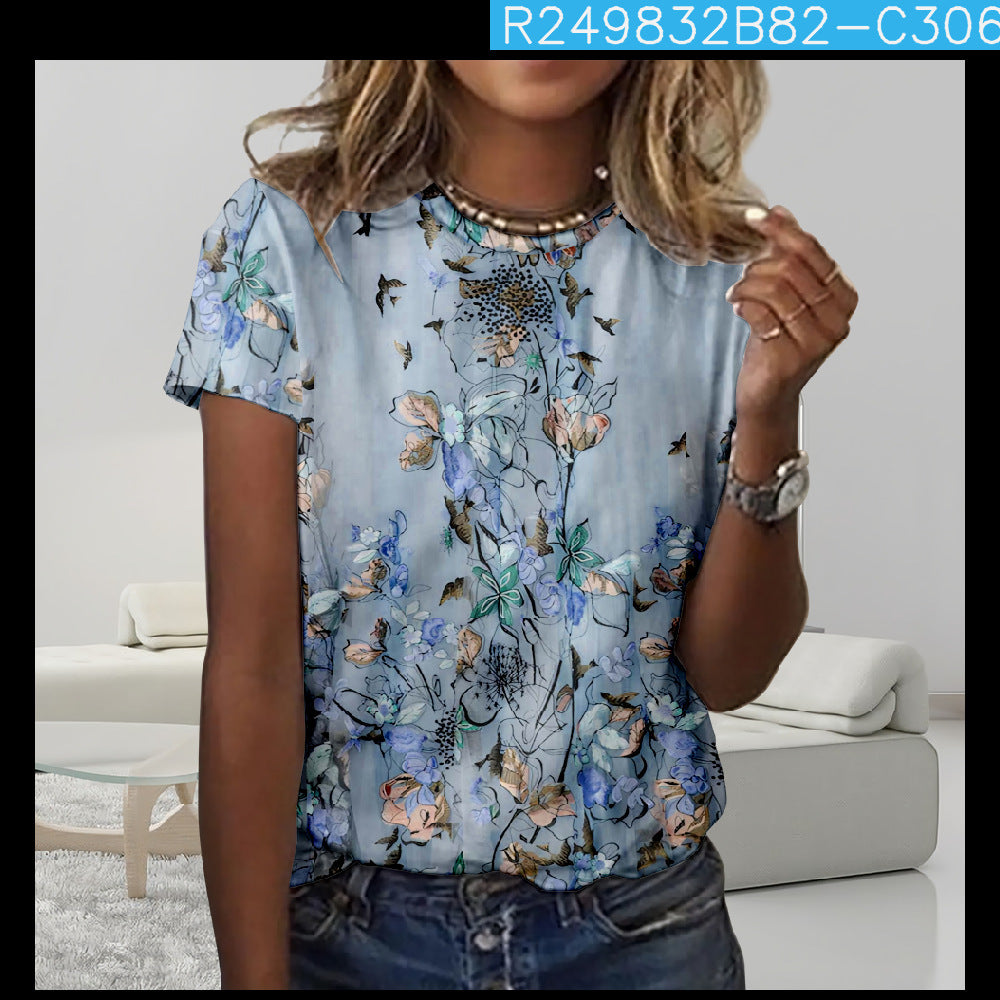 Digital Printing Loose Casual Women's Round Neck T-shirt