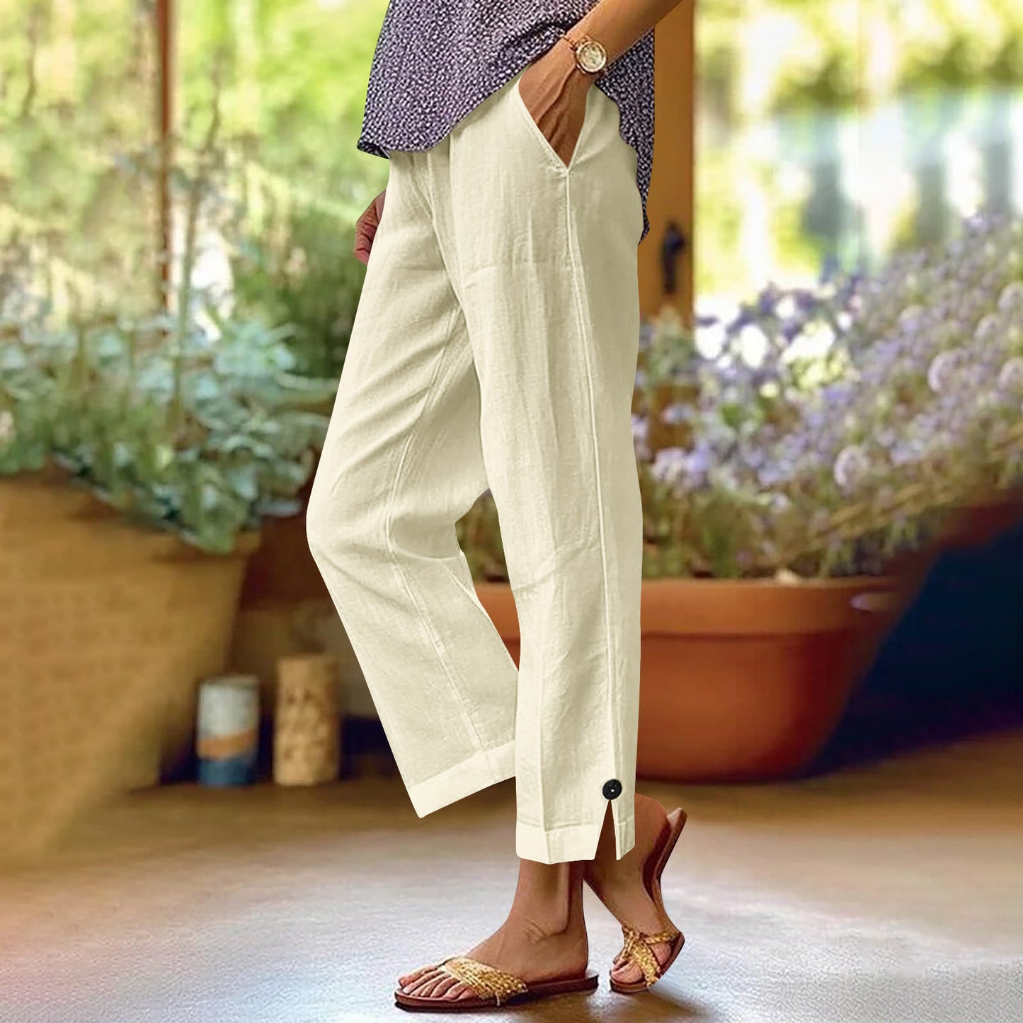 Cotton And Linen Loose Pure Color Elastic Waist Pocket Straight Casual Pants