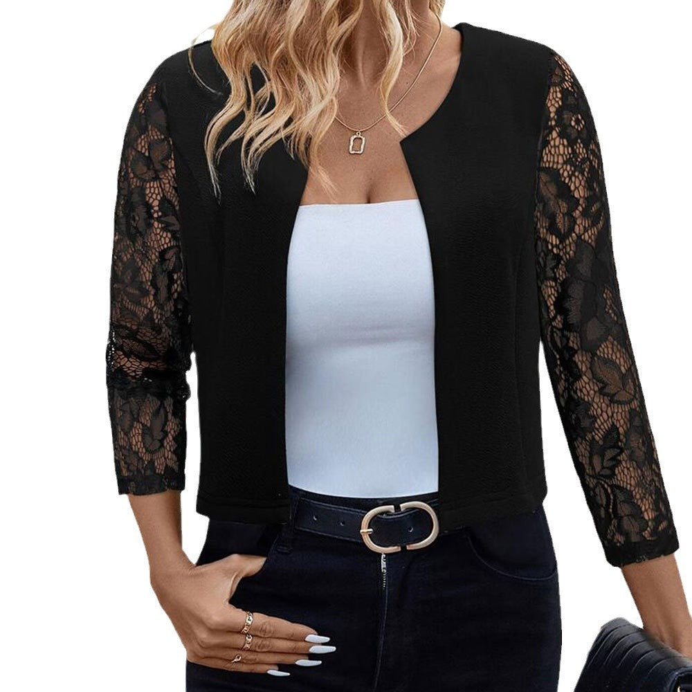 Elegant Lace See-through 34 Sleeve Suit Jacket Small Coat