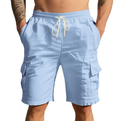 Shorts estivi da uomo in lino, larghi e traspiranti, con più tasche