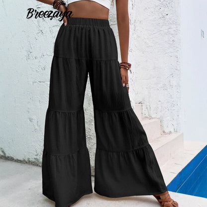 Pleated Elastic Waist Pants Female Wide-leg Casual Pants