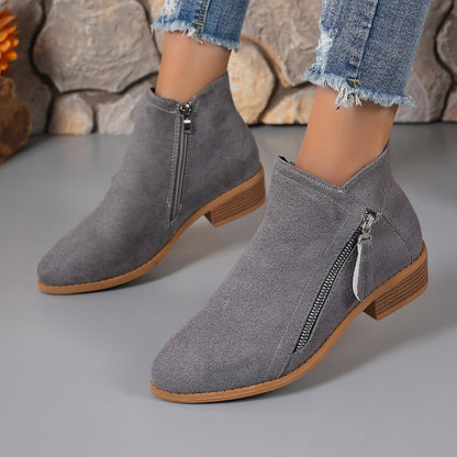 Women's Side Zipper Thick Heel Solid Color Martin Boots