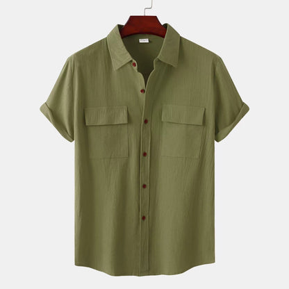 Solid Color Patchwork Linen Cardigan Short Sleeve Loose Lapels Men's Shirt