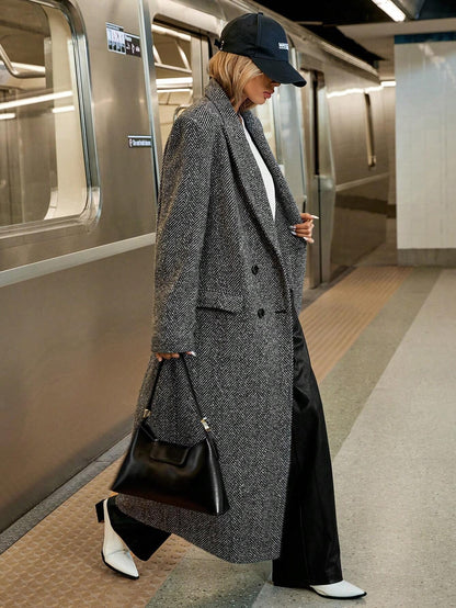 Women's Herringbone Lapel Long Sleeved Coat