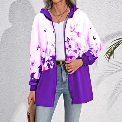 Printed Mid-length Zip Hooded Jacket