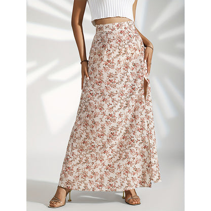 Gentle High Waist Slit Floral Skirt For Women