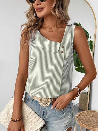 Casual Diagonal Collar Sleeveless Multi-color Stripe Women's Top