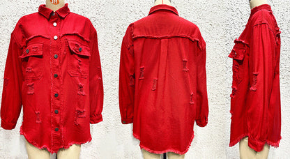 Distressed Denim Jacket Women's Long Sleeve Shirt Casual Lapel Coat With Raw Hem Details