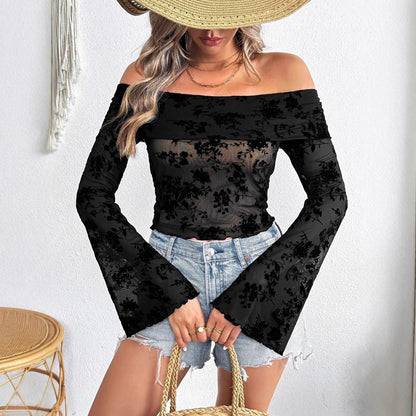 European And American Mesh Flocking Floral Print Off-the-shoulder Flared Sleeves Slim T-shirt