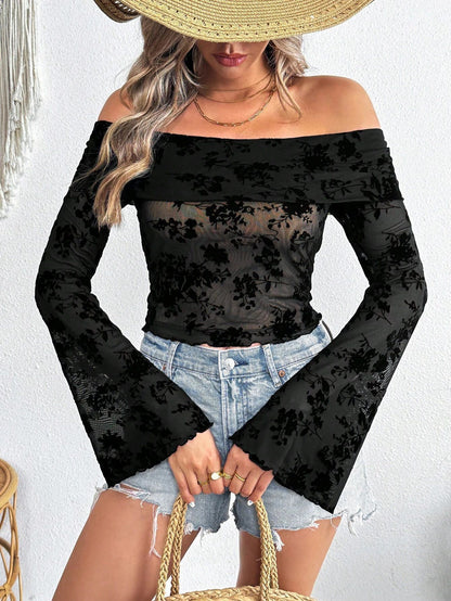 European And American Mesh Flocking Floral Print Off-the-shoulder Flared Sleeves Slim T-shirt