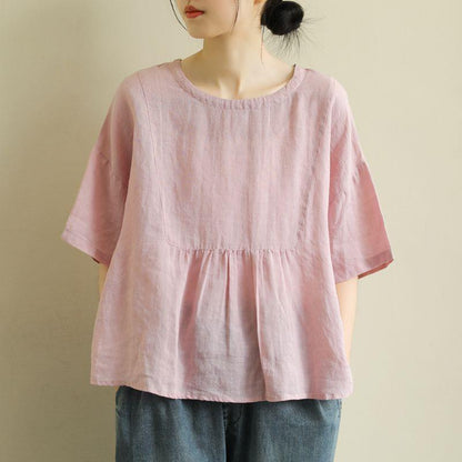 Short Sleeve Loose Round Neck Imitation Cotton And Linen Top