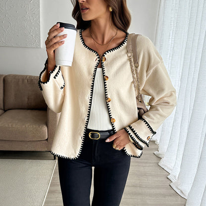 Color-contrasting Stripe Cardigan European And American Ladies Loose Polar Fleece Crew Neck Coat