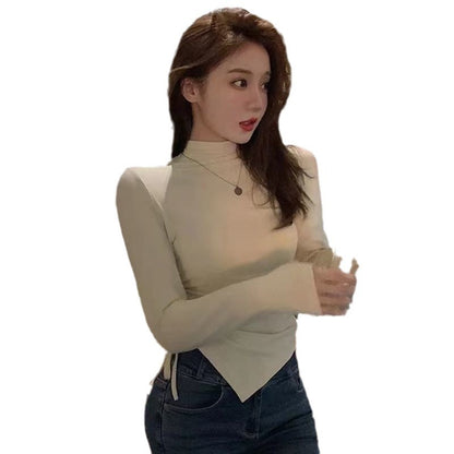 Turtleneck Long Sleeve Drawstring Ruffle Bottoming Top
