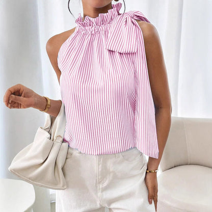 Fashion Casual Sleeveless Striped Lace Turtleneck Top