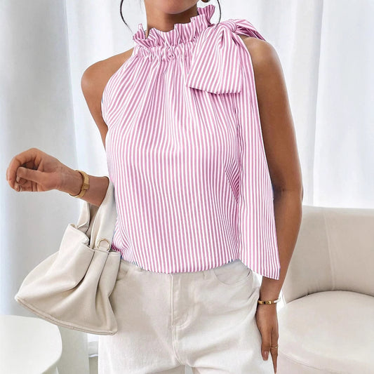Fashion Casual Sleeveless Striped Lace Turtleneck Top