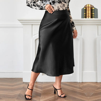High Waist Zipper Large Hem Satin Satin Temperament Skirt