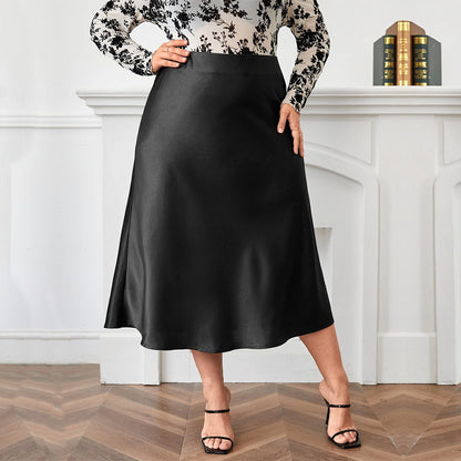 High Waist Zipper Large Hem Satin Satin Temperament Skirt