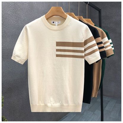 Trendy All-match Round Neck Knitted Short Sleeve Contrast Color Thin T-shirt
