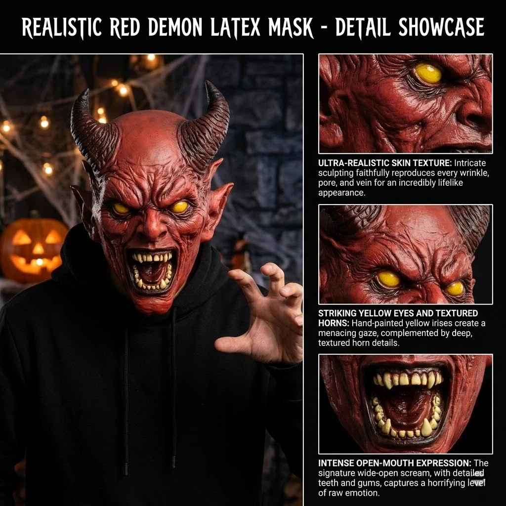 😈 Maschera Demoniaca Spaventosa con Corna – Copertura Totale in Lattice Dipinta a Mano