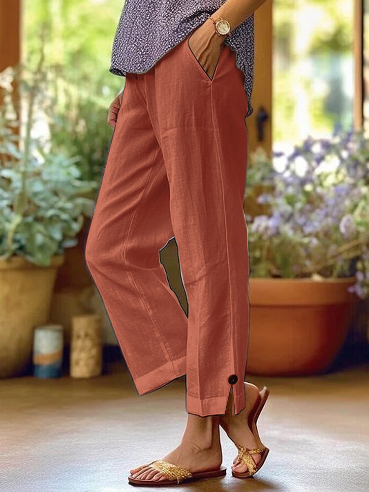 Cotton And Linen Loose Pure Color Elastic Waist Pocket Straight Casual Pants