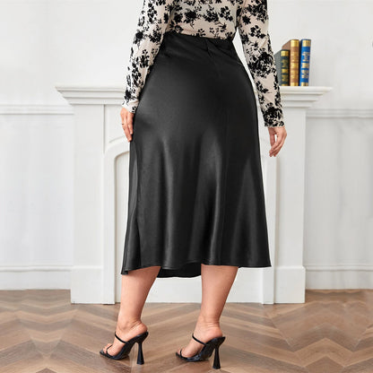 High Waist Zipper Large Hem Satin Satin Temperament Skirt