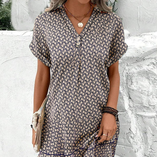 V-neck Loose Waist Printed Short Sleeve Dress