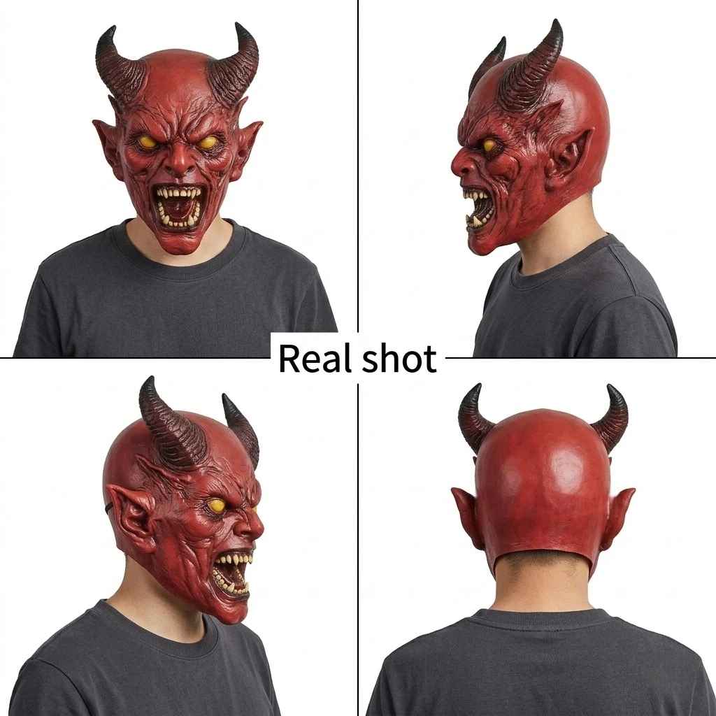 😈 Maschera Demoniaca Spaventosa con Corna – Copertura Totale in Lattice Dipinta a Mano