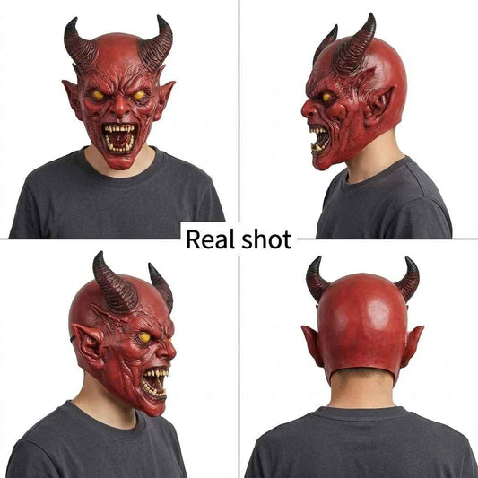 😈 Maschera Demoniaca Spaventosa con Corna – Copertura Totale in Lattice Dipinta a Mano