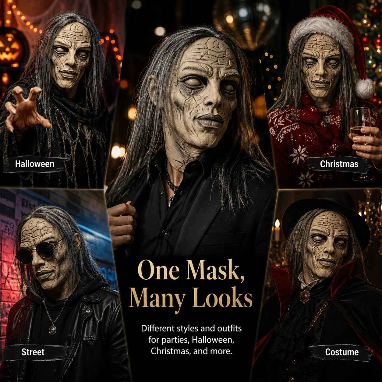🔥Maschera di Halloween con capelli lunghi grigi, maschera spaventosa da fantasma