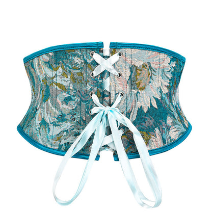 Blue Chrysanthemum Oil Painting Printed Lace Up Body Sculpting Girdle