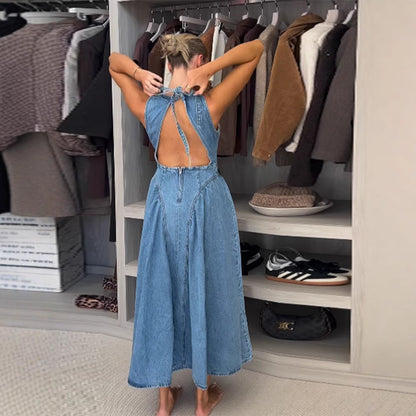 SpringSummer New Sleeveless Backless Lace Up Denim Skirt For Women