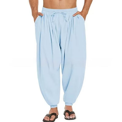 Solid Color Cotton And Linen Pocket Stretch Men's Casual Trousers