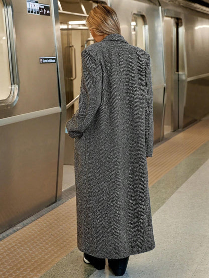 Women's Herringbone Lapel Long Sleeved Coat