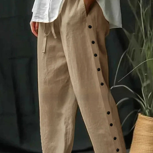 Lace-up Slim Breasted Pocket Pure Cotton Casual Pants