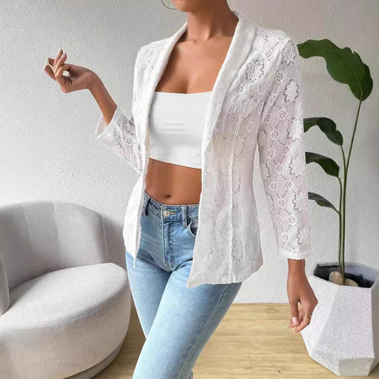 European And American Elegant Solid Color Lace 9 Sleeve Lapel Casual Suit Women's Jacket