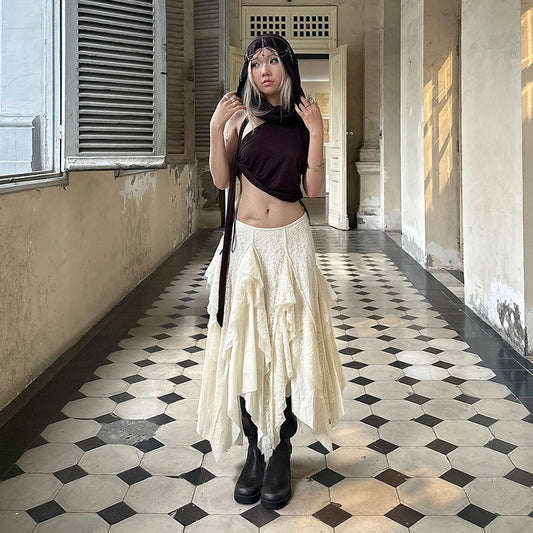Desert Wind Wandering Stitching Lace Irregular Skirt Fashion Low Waist Large Swing Dress