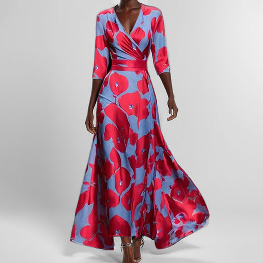 Tight Waist Slim Print V-neck Long-sleeve Dress