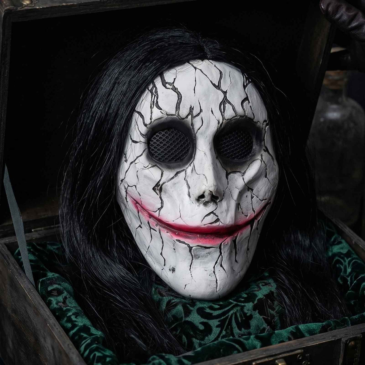 👹 Maschera Horror Halloween Viso Screpolato Capelli Neri Lattice Cosplay Adulti