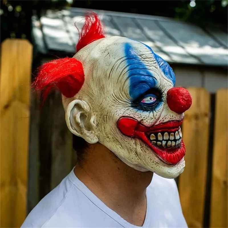 Maschera spaventosa da clown in lattice, per Halloween, raccapricciante con capelli, costume horror per cosplay