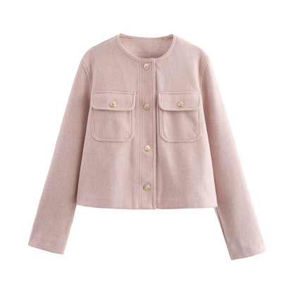 Temperament Crew Neck Long Sleeve Pocket Decorative Jacket Coat