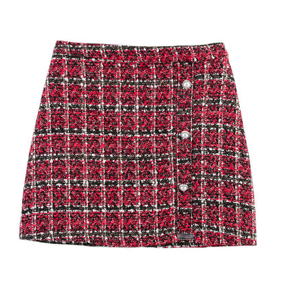 Women's Versatile Pearl Button Coarse Floral Plaid Half Skirt