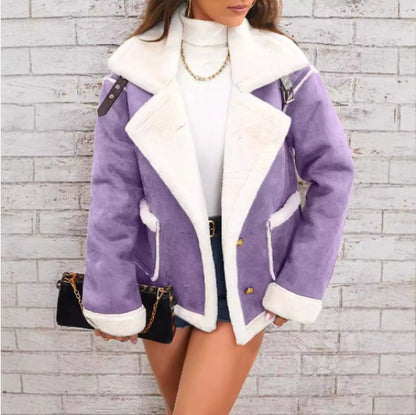 Lapel Plush Jacket, Winter Warm Casual Outwear, Women's Clothing