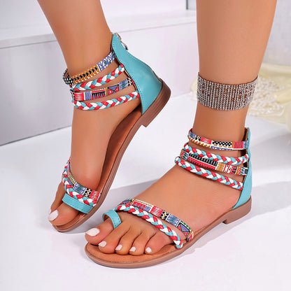 Ethnic Style Colorful Stitching Large Size Flat Bottom Sandals