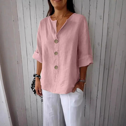 Loose Comfort And Casual V-neck Cotton And Linen Button Top