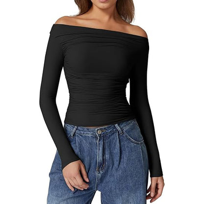 European And American Women's Clothing Top Off-shoulder Long Sleeve T-shirt