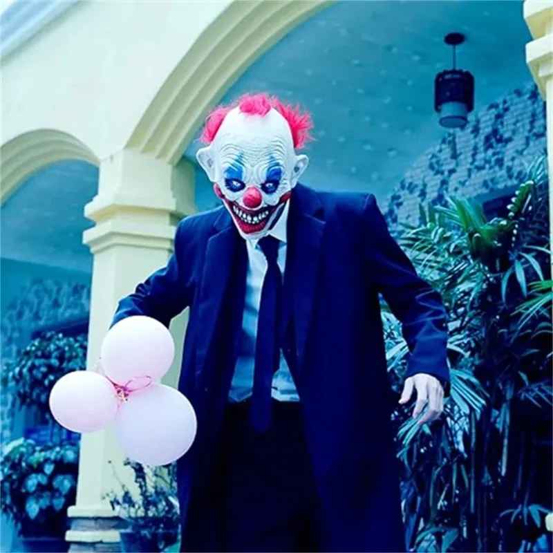 Maschera spaventosa da clown in lattice, per Halloween, raccapricciante con capelli, costume horror per cosplay