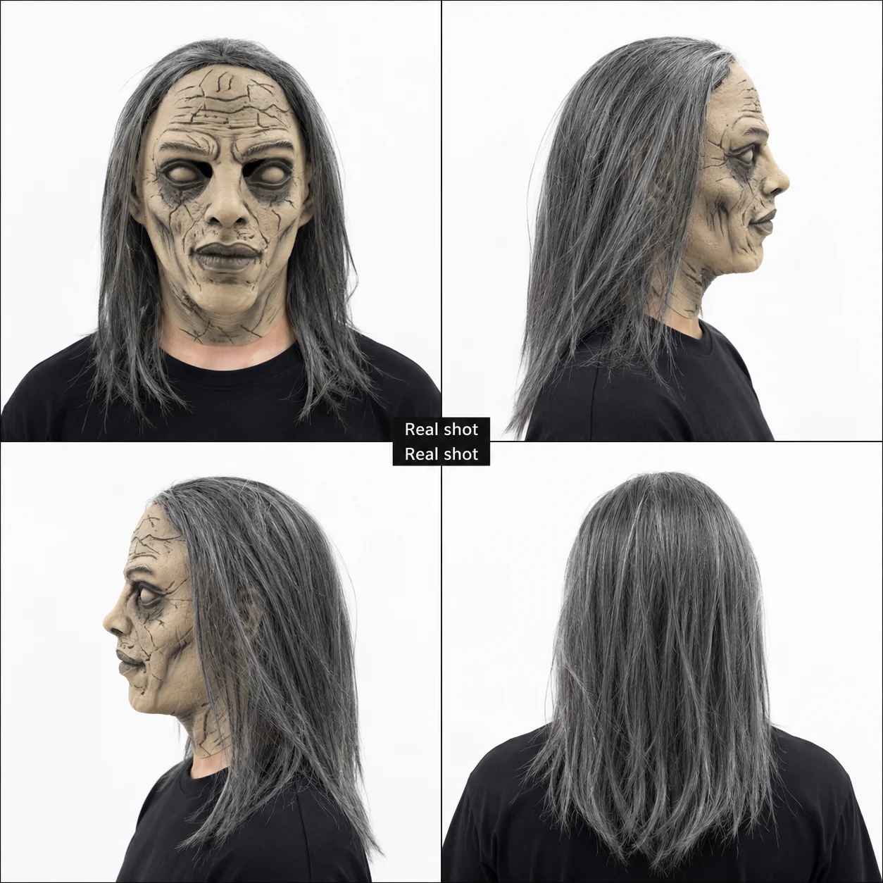 🔥Maschera di Halloween con capelli lunghi grigi, maschera spaventosa da fantasma