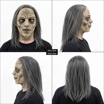 🔥Maschera di Halloween con capelli lunghi grigi, maschera spaventosa da fantasma
