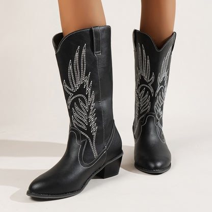 Plus Size Autumn New Mid-calf Riding Boots Embroidered Mid Heel Snow